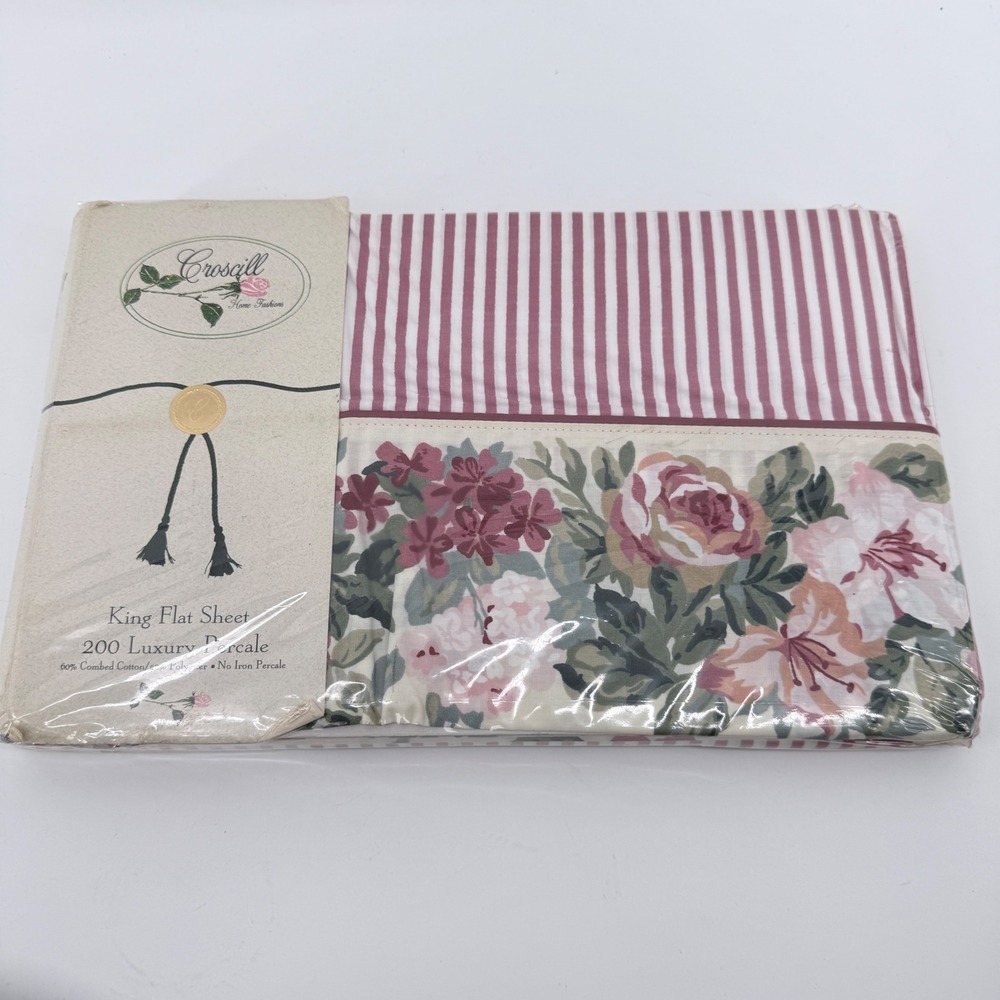 Croscill Flat Sheet King Rose Arbor Floral Percale Cotton Blend Multi Striped - Picture 3 of 4